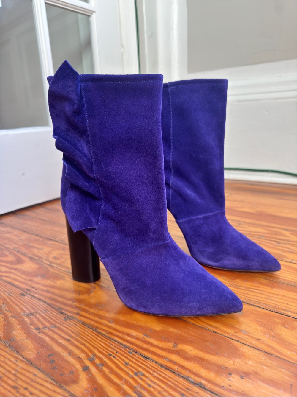 Iro Suede boots with pointed toe and ruffle accent